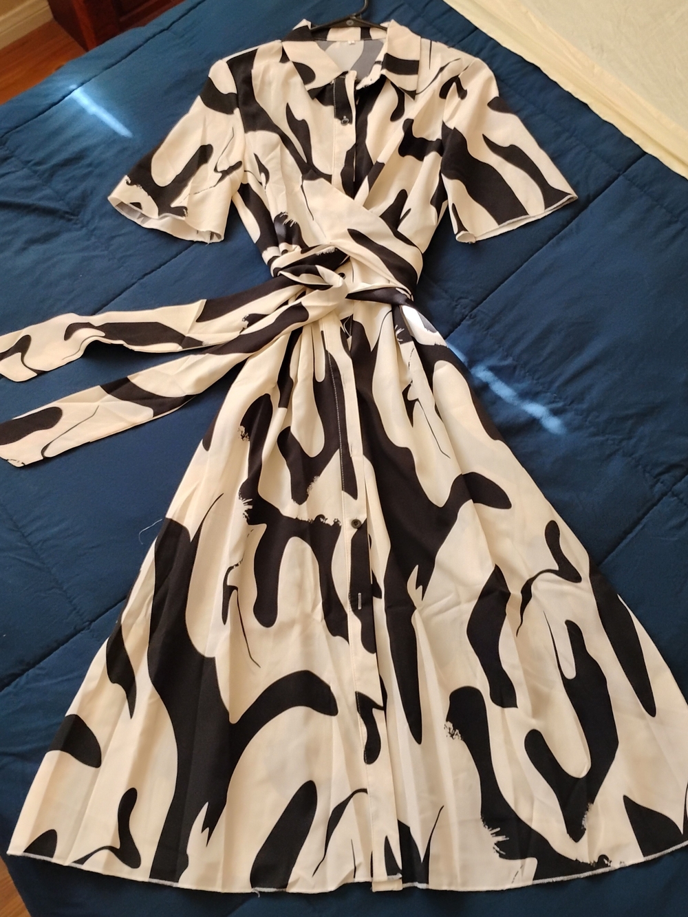 Classic Black & White Wrap Dress with Abstract Print